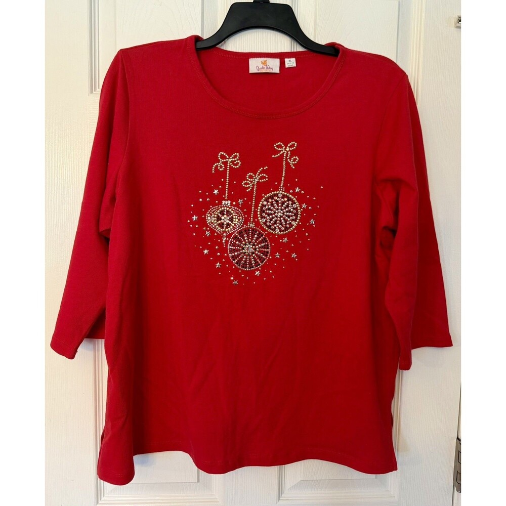 NWOT Quacker Factory red gemstone holiday ornament rhinestone women top shirt XL